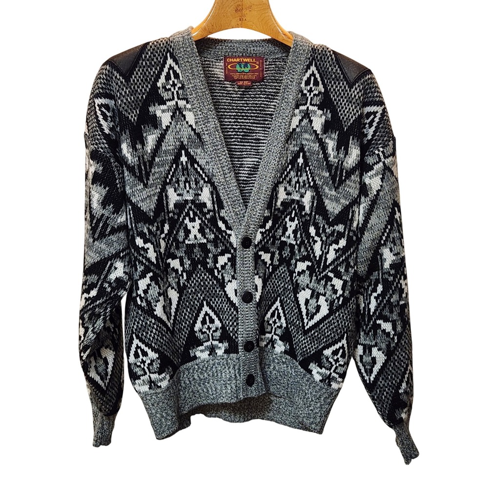 VTG CHARTWELL Geometric Pattern Cardigan Sweater Leather Shoulder Accents Size L